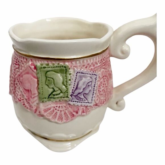Fitz & Floyd Omnibus Lace Victorian Postcards Stamp Mugs Set of 4 - Picture 2 of 3